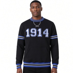 Men 1914 Varsity <b>Crewneck</b> Sweatshirt with Kangaroo Pocket Striped Ribbed Trim Long Sleeve Casual Pullover Top - Product Image 1