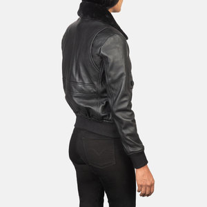 Blouson bomber en cuir véritable noir avec col en fourrure, fermeture éclair sur toute la longueur des manches, coupe classique, vêtement d'hiver - Product Image 5
