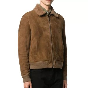 Blouson bomber en daim marron pour homme avec doublure en fausse fourrure, fermeture éclair, col rabattu, style décontracté d'hiver - Product Image 4