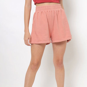 Pink Women's Casual Shorts High Waist <b>Elastic</b> Knitted Terry Cotton Loose Fit Solid Color Breathable Style - Product Image 1