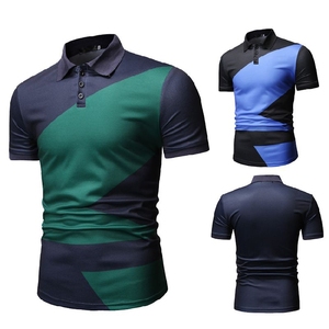 Polo à manches courtes bleu et noir à blocs de couleurs géométriques, coupe ajustée, décontracté, tricoté, séchage rapide - Product Image 6