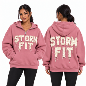Sweat à capuche mi-zippé pour femme, rouge corail, coupe Storm Fit, avec appliqué lettres, épaules tombantes, poche kangourou, en polaire décontractée, style streetwear, coupe-vent - Product Image 6