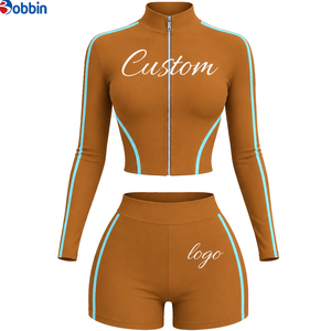 Ensemble de sport 2 pièces pour femme Hip Hop, haut à manches longues avec fermeture éclair et short taille haute, imprimé logo personnalisé, coupe sportive, printemps-été - Product Image 6