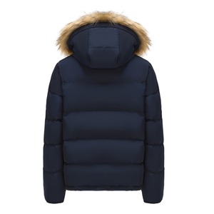 OEM Wholesale Men's Navy Blue Hooded Puffer Jacket with <b>Fur</b> <b>Trim</b> Windproof Down Filled Zipper Closure Casual Winter Coat - Product Image 3