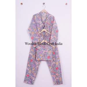 Ensemble de pyjama en coton indien imprimé à la main, vêtements de nuit élégants et tendance pour femmes et hommes, respirant, 100% coton pour l'été - Product Image 5