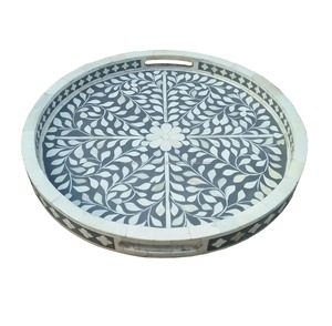 Bandeja Decorativa Redonda con Incrustaciones de Hueso, Plato para Servir con Incrustaciones Florales Hecho a Mano, Bandeja Decorativa de Madera para Mesa del Hogar - Product Image 4
