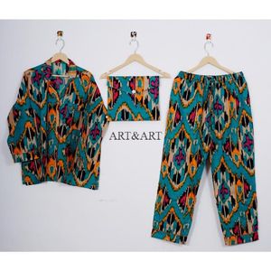 ชุดนอนผ้าฝ้ายพิมพ์ลายบล็อกอินเดียสำหรับผู้หญิง 100% ระบายอากาศได้ดี ลายพิมพ์อิคัตสไตล์วินเทจ ชุดลำลองสำหรับฤดูร้อน เหมาะสำหรับเป็นของขวัญให้เพื่อนเจ้าสาว - Product Image 6