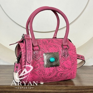 Bolso de cuero repujado estilo western Speedy, rosa floral, hecho a mano, estilo vaquera, con concho turquesa, de cuero de vaca, para moda femenina - Product Image 1