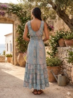 Robe longue Y2K Bohème en soie tissée indienne, coupe trapèze, imprimé floral, style coréen, col en V, sans manches, avec volants délicats, élégante, taille unique
