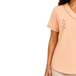 <b>Peach</b> Womens Asymmetric V Neck Short Sleeve T <b>Shirt</b> Floral Embroidery Contrast Piping Customized Logo Casual Wholesale Apparel - Product Image 3