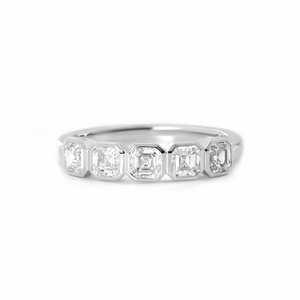 Timeless 3.5mm Asscher Cut Lab Grown Diamond IGI Certified <b>Gold</b> <b>Ring</b> Luxury 5-Stone Bezel <b>Set</b> Half Eternity Wedding Band - Product Image 6