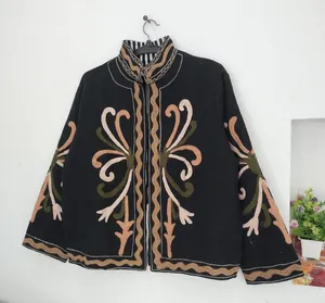 Chaqueta Boho Suzani Negra Hecha a Mano con Bordado Floral Colorido, Abrigo de Manga Larga para Mujer, Otoño-Invierno - Product Image 4