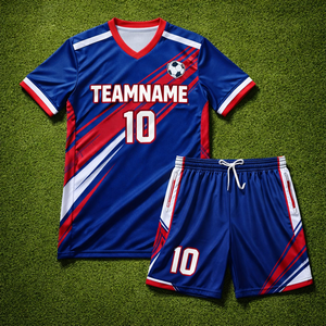 ชุดฟุตบอลทีมแบบกำหนดเองสำหรับโรงเรียนและลีก  แบบสั้น แห้งเร็ว ระบายอากาศได้ดี ผ้าโพลีเอสเตอร์ 100%  พร้อมสกรีนชื่อและหมายเลขผู้เล่น - Product Image 1
