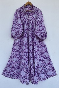 Women Purple Floral Print Woven Cotton Daily Maxi <b>Dress</b> Ruffled V-Neck Balloon Sleeve Tiered <b>A</b>-Line Boho Summer <b>Dress</b> - Product Image 1