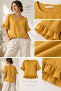 Conjunto de Dos Piezas para Mujer, Blusa de Lino y Algodón con Volantes en Amarillo Mostaza y Pantalones Blancos con Logotipo Frontal, Venta al Por Mayor - Product Image 6