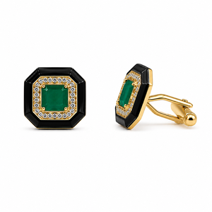 Gold Plated Emerald Cut Green Stone Cufflinks <b>Black</b> Enamel Halo Cufflinks for <b>Men</b> - Product Image 1