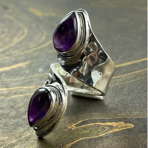 Dainty Double Amethyst <b>Ring</b> 925 Sterling <b>Silver</b> Sleek <b>Adjustable</b> Bypass Wide Statement Comfort Band - Product Image 3