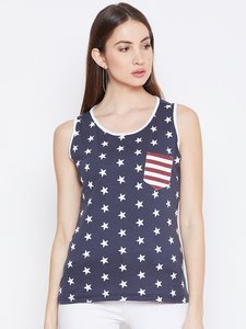 Débardeur sans manches pour femme, imprimé étoiles, avec poche drapeau, col rond, tricoté, décontracté - Product Image 1