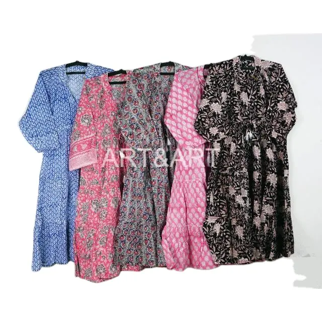 Gaun Boho panjang wanita, grosir dan produsen blok tangan dicetak pakaian renang gaun bunga musim panas