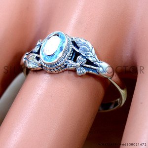 Bague en argent sterling 925 avec pierre précieuse topaze bleue naturelle facettée, design fleur et feuille fait main, style bohème, pierres de guérison - Product Image 2