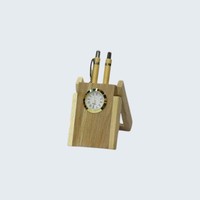Soporte para Bolígrafos de Madera y Organizador de Escritorio con Reloj de Mesa Atómico Iluminado de Diseño Rústico y Movimiento de Cuarzo Ecológico