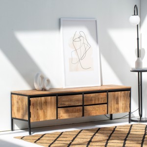 Meuble TV industriel en bois de manguier Vandana Novara Nova avec 2 portes, console de divertissement moderne - Product Image 1