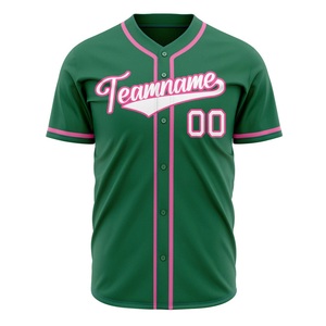 Camiseta de béisbol verde personalizada con ribete rosa, estampado sublimado con el nombre del equipo, 00, con botones, manga corta, para clubes y equipos. - Product Image 2