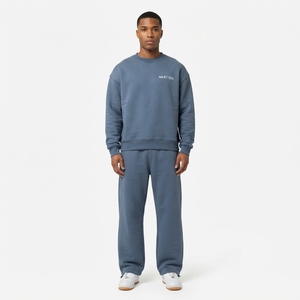 Ensemble de survêtement décontracté pour homme, sweat-shirt à col rond bleu ardoise et pantalon de jogging assorti, deux pièces, streetwear, loungewear - Product Image 1