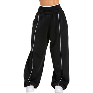 Pantalon de jogging noir pour femme, taille haute élastique, coupe ample, jambe large, avec bande latérale, longueur intégrale, décontracté - Product Image 1