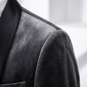 Charcoal Grey <b>Velvet</b> Tuxedo <b>Jacket</b> <b>Men</b> Black Satin Shawl Collar Single Button Slate Blazer - Product Image 5