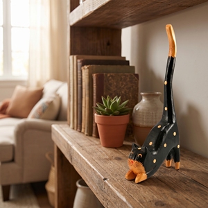 Figurine de chat artisanale en bois d'albizia noir avec des points bruns, queue levée, pose en saut, décoration rustique pour la maison, statues d'animaux, ornement, cadeau - Product Image 3