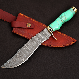 Couteau de survie en acier Damas fait main avec manche en résine et étui en cuir OEM pour le camping, la chasse et les activités de plein air - Product Image 1