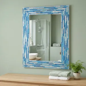 Espejo de Pared Rectangular de Vidrio Mosaico Azul y Blanco, Marco de Azulejos Geométricos Hecho a Mano, Espejo Decorativo de Estilo Costero para una Vida Moderna - Product Image 5