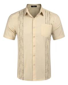 Chemise en lin pour homme pour l'été, style cubain Shagua Abella, design colorblock, brodée, à manches courtes, décontractée, col à revers, anti-rétrécissement - Product Image 2