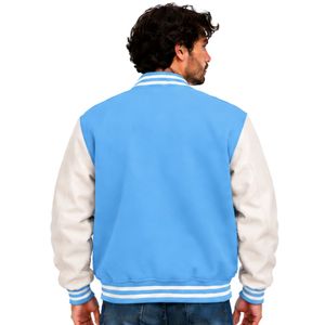 <b>Mens</b> Sky Blue <b>White</b> Varsity Jacket Classic Baseball Bomber <b>Coat</b> Long Sleeve Button Front College Streetwear Casual Outerwear - Product Image 3