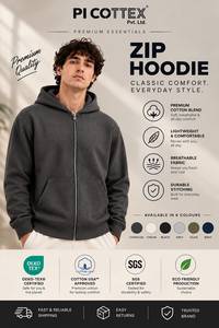 Sudadera con capucha de invierno para hombre, 100% algodón, de punto liso, con cremallera, bolsillos canguro, puños acanalados, transpirable, acabado premium, estilo urbano moderno - Product Image 5