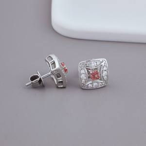 Lab Grown Pink <b>Diamond</b> <b>Square</b> Halo Stud <b>Earrings</b> 925 Sterling Silver | OEM Custom Luxury IGI Certified Rhodium Plated Fine - Product Image 2
