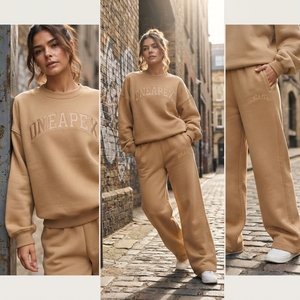 Women's Tan Oversized Tracksuit <b>Set</b> Crewneck Sweatshirt Wide Leg Jogger Pants Casual Streetwear <b>Lounge</b> Sportswear <b>Two</b> <b>Piece</b> - Product Image 3