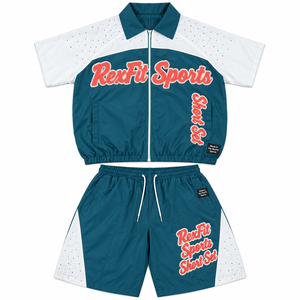 Streetwear Breathable Lightweight Nylon Short Set Teal <b>White</b> Colorblock Zip <b>Top</b> Drawstring Shorts Unisex Custom Logo Two Piece - Product Image 1