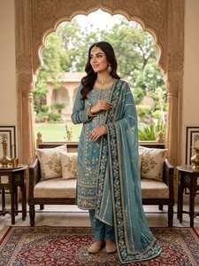 Completo in Faux Georgette a Maniche Lunghe con Ricami, Pantaloni con Paillettes e Dupatta con Bordo in Pizzo, Tradizionale Festivo <span class=keywords><strong>AHI</strong></span> 3175-DC - Product Image 2