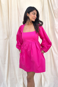 เดรสสั้นคอเหลี่ยมสีชมพู แขนยาว ทรงเอไลน์ สำหรับผู้หญิง สวมใส่สบายๆ สำหรับงานปาร์ตี้ - Product Image 3