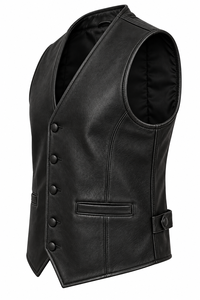 <b>Men's</b> <b>Black</b> Leather <b>Vest</b> V-Neck Button Closure Casual Outerwear Plus Size Regular Fit Solid Color - Product Image 4