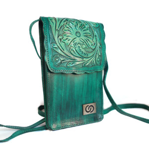 Bolso de Hombro de Cuero Vintage Unisex, Bolso de Viaje de Cuero Genuino, para Teléfono Móvil, Pasaporte, Tarjetas de Crédito, con Diseño Floral en Color Verde Azulado - Product Image 1