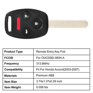 Coque de clé non coupée pour Honda Accord 2003-2007, boîtier de télécommande sans clé, coque de clé de voiture avec boutons, plaques de clé, FCCID 313.8MHz - Product Image 2