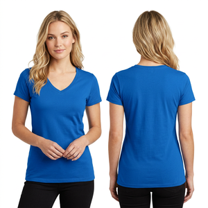 T-shirt décontracté pour femme, col en V, manches courtes, coupe classique, bleu uni, tricoté, longueur normale, toutes saisons, 100% coton - Product Image 2