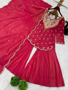 Conjunto de Palazzo de Seda Simar Bordado para Mujer con Dupatta, Kurta Brillante, Salwar Kameez, Traje Festivo Indio Pakistaní - Product Image 4