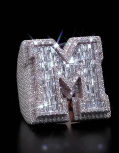 Luxury Moissanite Letter M <b>Cocktail</b> <b>Ring</b> 925 Silver 18K Solid <b>Gold</b> Baguette Cut Pave Setting Unisex Gift Jewelry - Product Image 5