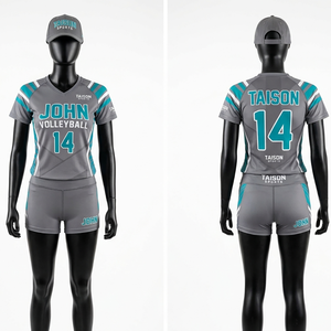 Uniforme de volley-ball beige en polyester et élasthanne, 180 GSM, impression par sublimation, logo, short avec panne latérale grise. - Product Image 6