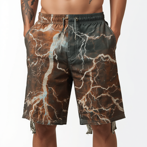 Shorts décontractés pour hommes en coton lavé respirant, à motif flamme abstraite, taille mi-haute avec cordon de serrage, longueur genou, style streetwear - Product Image 3
