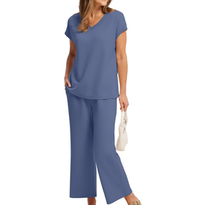 Women's Summer Lounge Tracksuit Set Loose Fit V-Neck Short Sleeve Top Wide Leg <b>Pants</b> Breathable Solid Blue Casual Wear S-XXL - Product Image 4